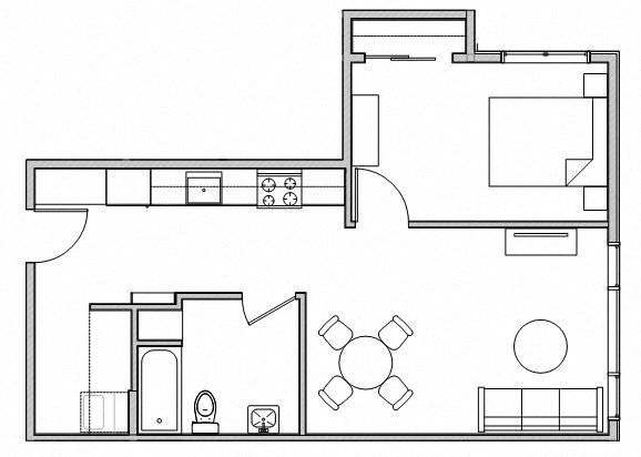 Floor plan for 1 bed, 1 bath, 613 sqft